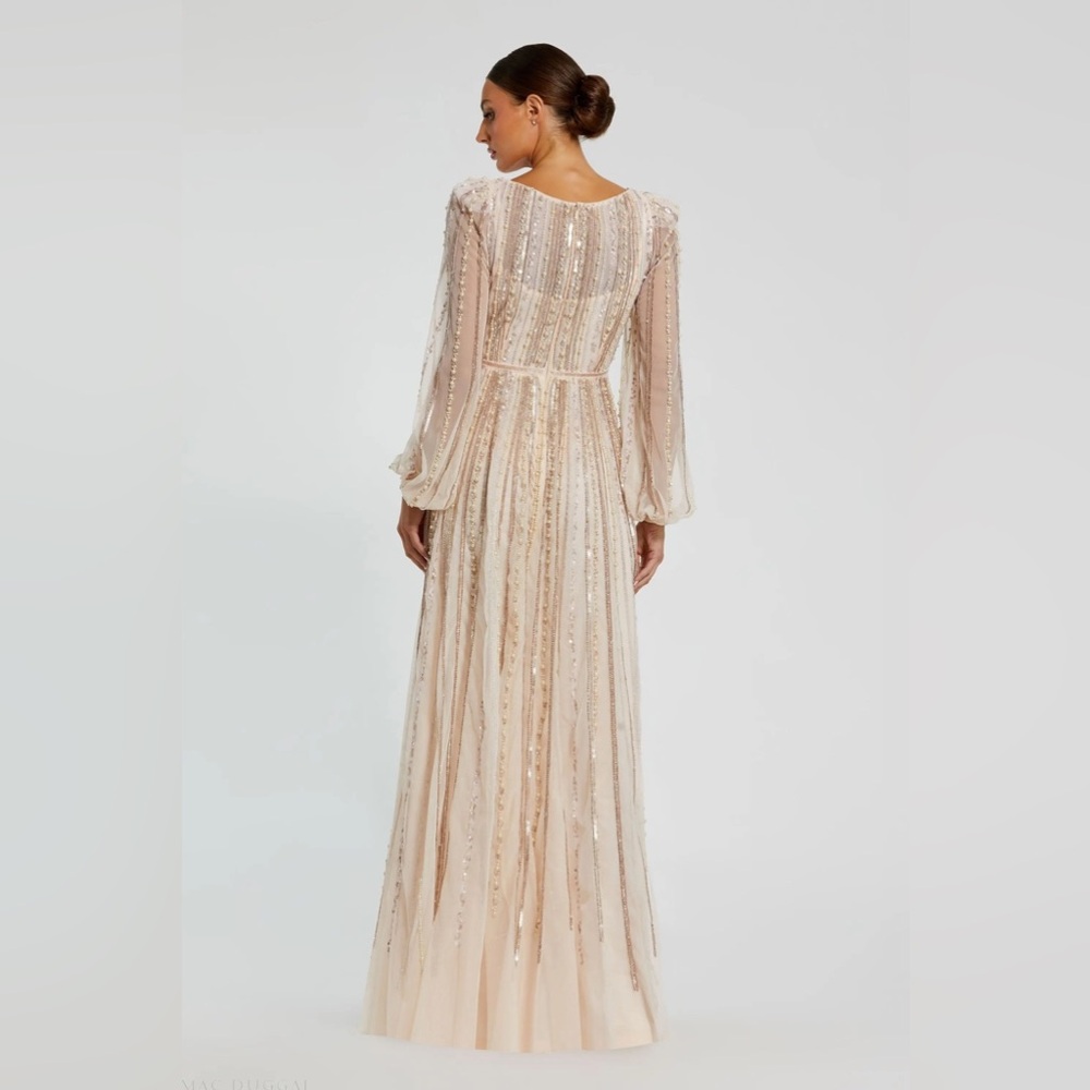 MAC DUGGAL
Pink Boat Neck Long Sleeve Gown With Striped Beading - Picture 4 of 4